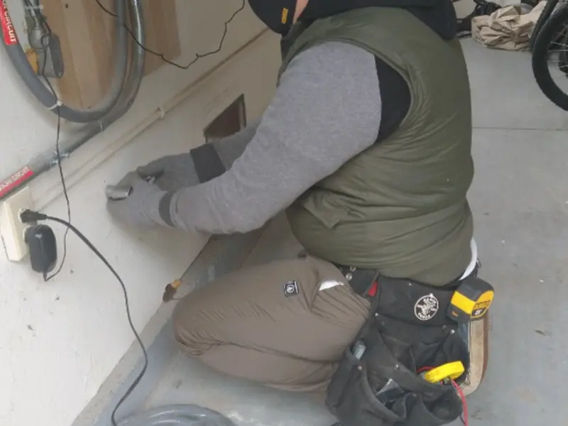 Electrician performing outlet wiring in a Berkeley garage